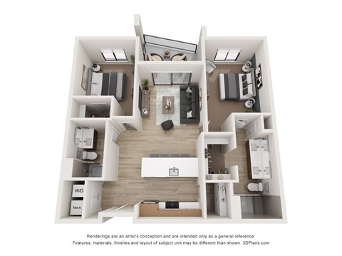 Floor plan for 2 beds, 2 baths, 1083 sqft